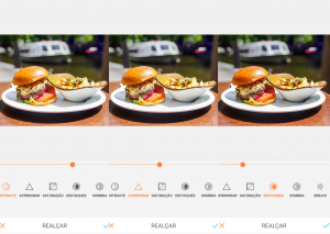 Montagem com 3 fotos do hambúrguer em cima de um prato branco com batatas fritas de acompanhamento usando a ferramenta Realçar do AirBrush. 