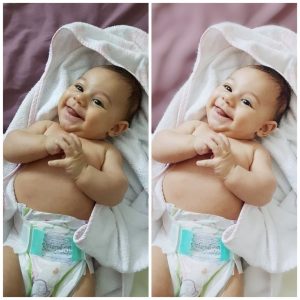 antes e depois da foto de um bebê sendo que uma das fotos o fundo está desfocado