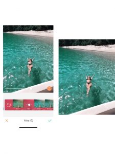 antes e depois da foto de uma mulher nadando no mar sendo que uma das fotos está sendo utilizado o filtro Mint do AirBrush