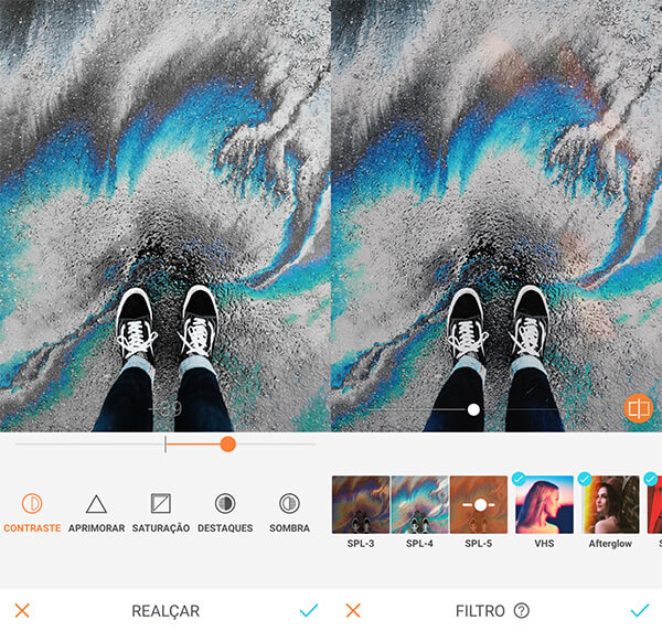 Tutorial de edição de uma foto tirada do pé calçando um tênis usando a ferramenta Realçar e Filtros do AirBrush