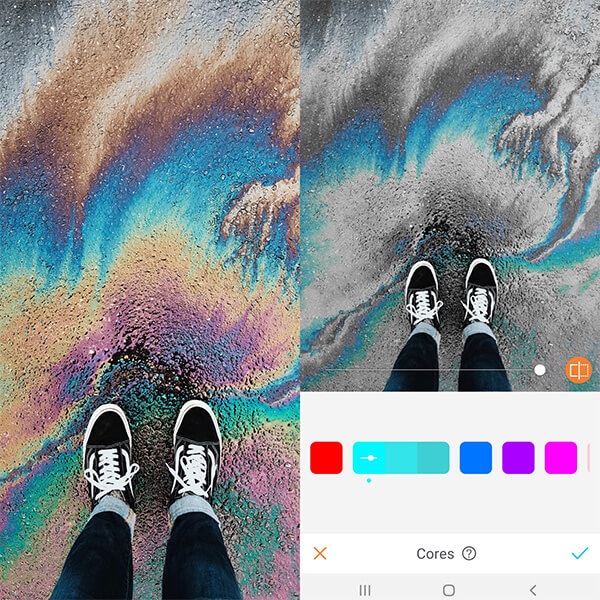 Tutorial de edição de uma foto tirada do pé calçando um tênis usando a ferramenta Cores do AirBrush