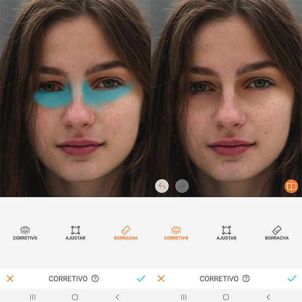 Montagem com 2 fotos de uma mulher com sardas mostrando como usar a ferramenta Corretivo do AirBrush.