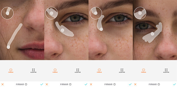 Montagem com 4 fotos de uma mulher com sardas mostrando como usar a ferramenta Firmar do AirBrush.