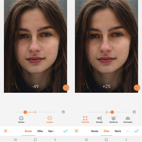 Montagem com 2 fotos de uma mulher com sardas mostrando como usar a ferramenta Moldar do AirBrush.