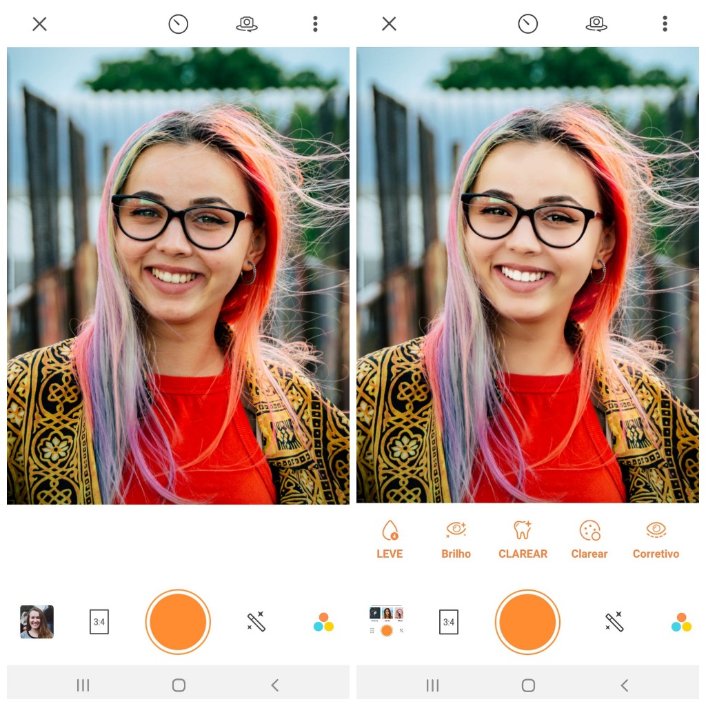 Tutorial de edição de uma foto de uma mulher branca sorrindo para a foto com cabelo colorido usando as ferramentas do AirBrush