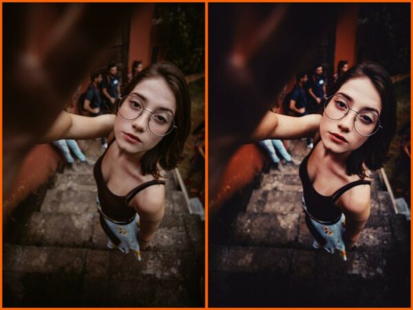 Foto de uma mulher segurando a câmera com um grupo de amigos ao fundo com o filtro Bliss do AirBrush sendo usado.