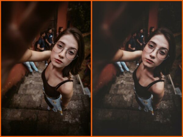 Foto de uma mulher segurando a câmera com um grupo de amigos ao fundo com o filtro Faded do AirBrush sendo usado.
