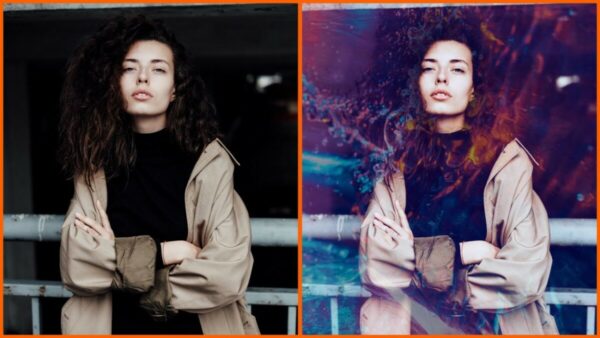 Montagem com 2 fotos de uma mulher com braços cruzados mostrando o antes e depois ao usar o filtro Mirage