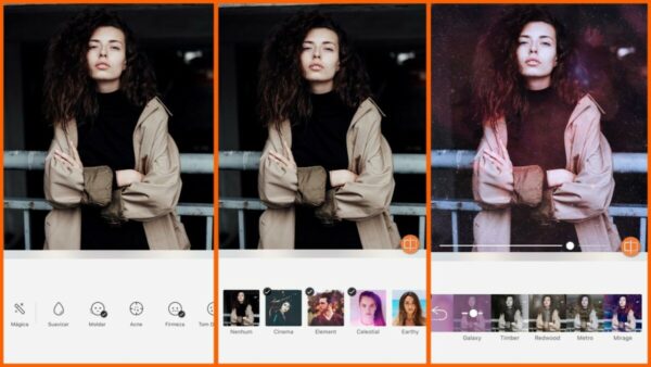 Montagem com 3 fotos de uma mulher com braços cruzados mostrando como usar o Filtro do pack Element do AirBrush
