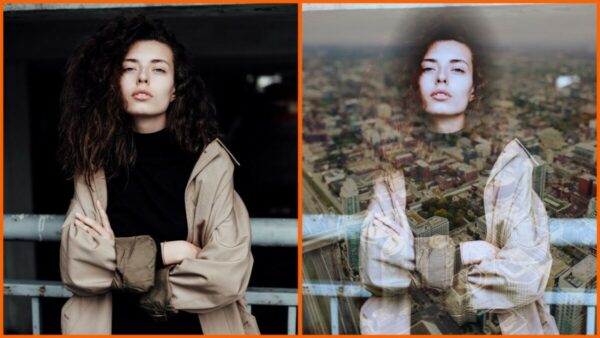 Montagem com 2 fotos de uma mulher com braços cruzados mostrando o antes e depois ao usar o filtro Metro