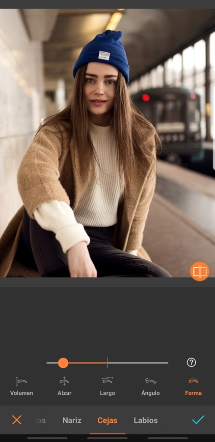 foto de mujer con cabello largo usando la herramienta para editar las cejas