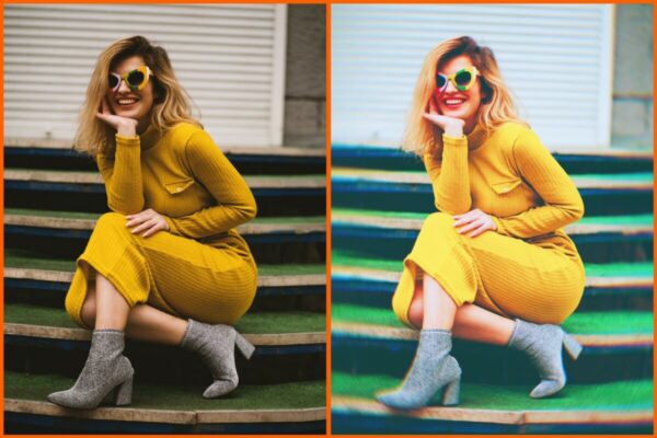 Montagem com 2 fotos da mesma mulher posando sentada com um vestido amarelo mostrando o antes e o depois da edição.