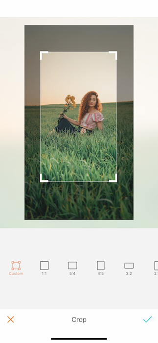 Picture of a ginger woman holding yellow flowers sitting in grass at the open field being edited by AirBrush with the Crop Tool