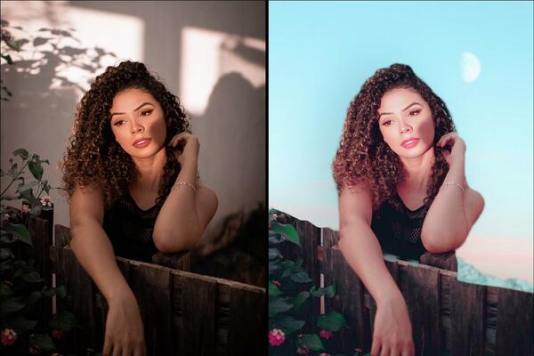 Montagem com 2 fotos da mesma mulher posando em uma cerca de madeira mostrando o antes e depois da edição.