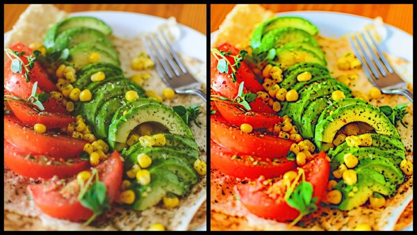 Montagem com 2 fotos de um prato com salada mostrando o antes e depois da edição. 