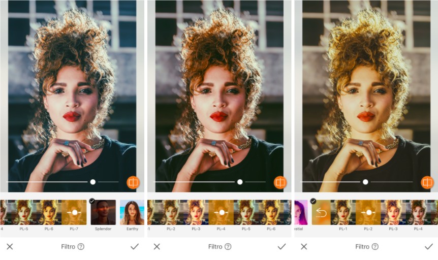 mujer antes y después de aplicar 3 filtros diferentes