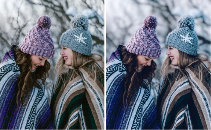 dos amigas en ropa de invierno en la montaña