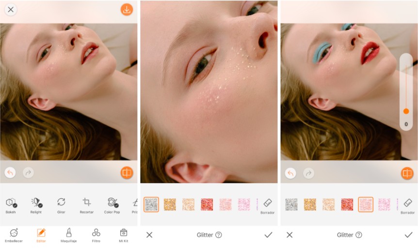 edición de foto de maquillaje usando la herramienta GLitter