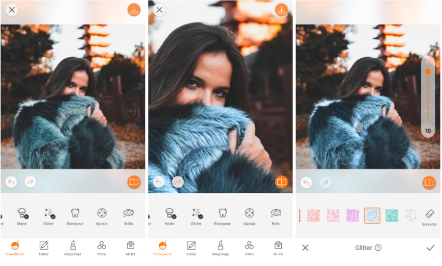 edición de foto de mujer con abrigo usando la herramienta Glitter