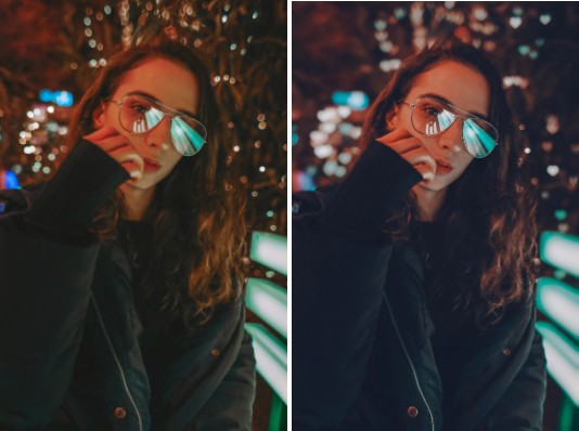 Mujer con lentes con luces y reflejos neón
