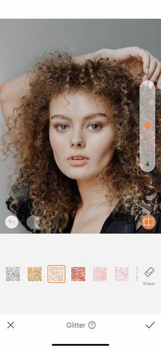 picture white woman with curly hair being edited by AirBrush by Glitter tool