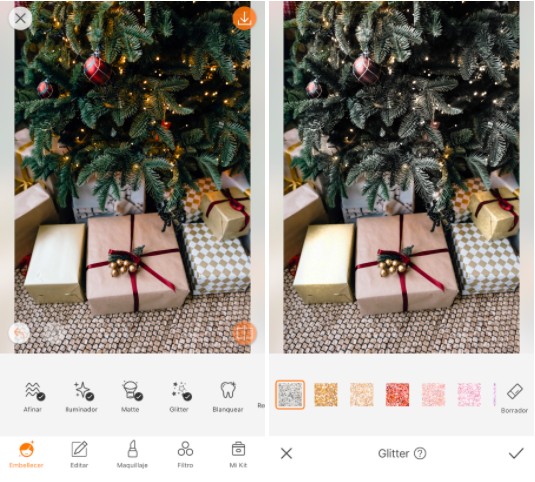 Un collage con una imagen de regalos en un árbol de Navidad, editado con la herramienta Glitter de AirBrush.