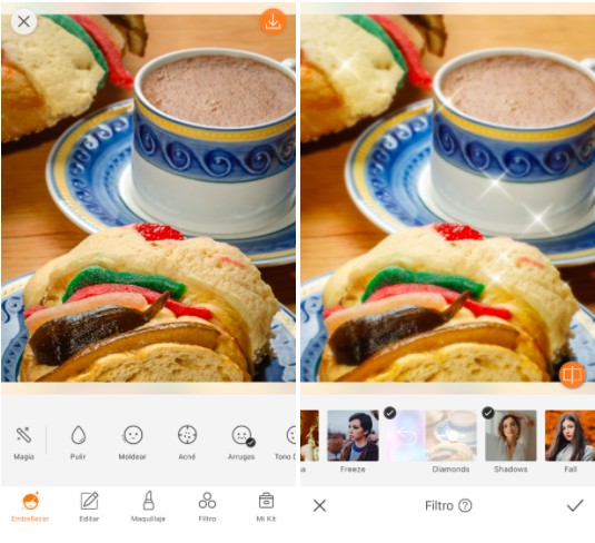 Un collage con la imagen de un sándwich y una taza azul, editado con la herramienta Filtro de AirBrush.