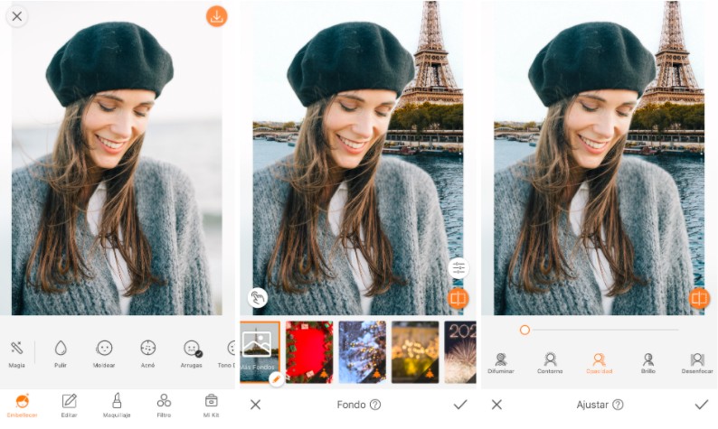 Un collage con tres fotos de una modelo con boina, editando con la herramienta Fondo y la Torre Eiffel en la parte posterior.