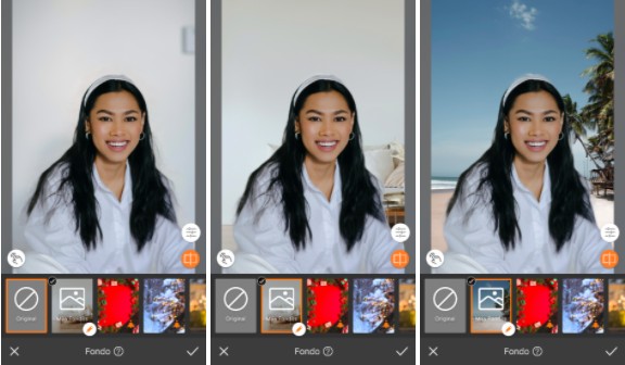Una imagen de una chica asiática, con el pelo negro y liso, con una tiara en el pelo y una blusa blanca. Sonriendo frente a una pared. Editado con la herramienta Fondo de la aplicación AirBrush.