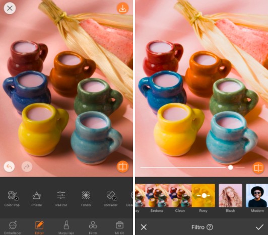 una imagen de antes y después de tazas de colores editada con filtros de AirBrush