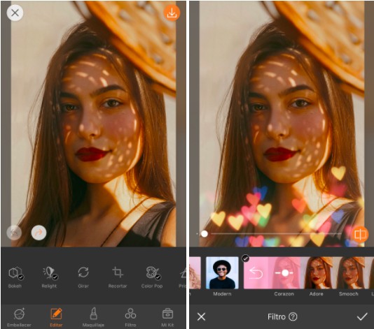 Un montaje con dos imágenes con una foto de una chica morena de pelo lacio, editada con AirBrush, poniendo filtros de corazones.