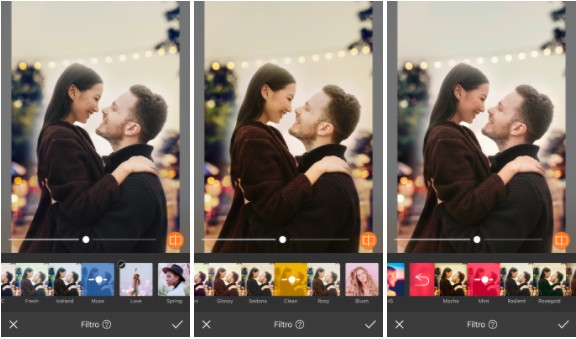 Uma montagem com três imagens una pareja, un hombre rubio y una chica asiática, mirándose en una imagen iluminada con un cielo de fondo. Usando Filtros.