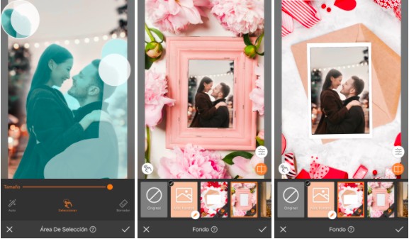 Uma montagem com três imagens una pareja, un hombre rubio y una chica asiática, mirándose en una imagen iluminada con un cielo de fondo. Usando el tema del Día de San Valentín.