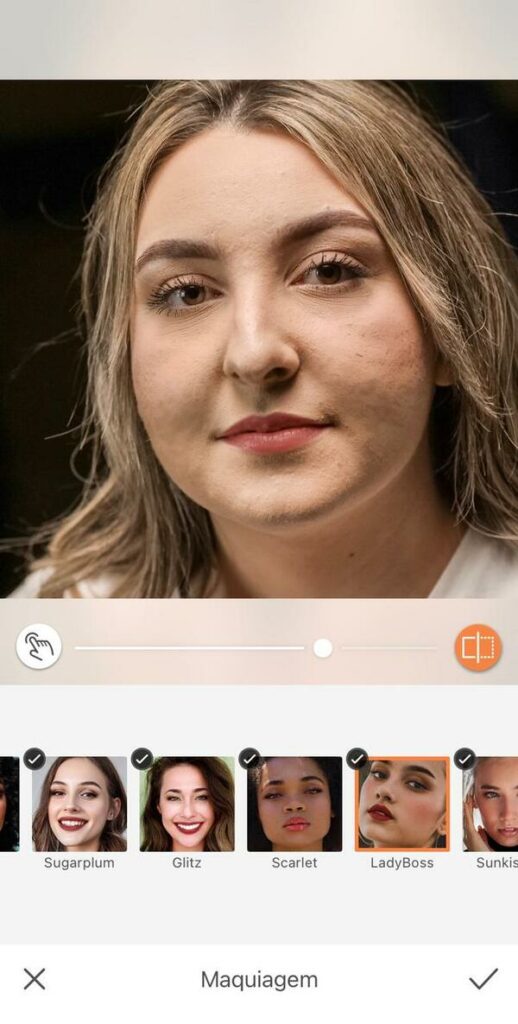 Mulher com marcas de espinha no rosto mostrando as ferramentas do AirBrush para retirar essar marcas.