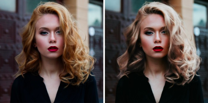 Un antes y un después de una mujer rubia de cabello ondulado, maquillaje y pintalabios rojo con filtros AirBrush.
