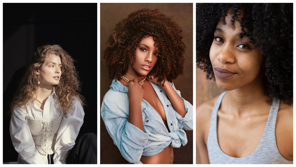 trio de fotos com mulheres com cabelos volumosos cacheados e crespos