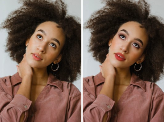 Dos fotos que muestran el antes y después de aplicar maquillaje estilo Drag Queen a una mujer morena de cabello chino