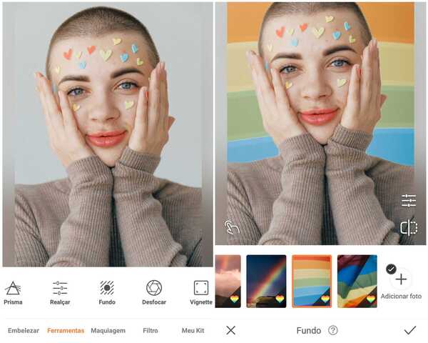 Foto de uma garota de cabeça raspada e com adesivos de corações colados no rosto sendo editada no app AirBrush