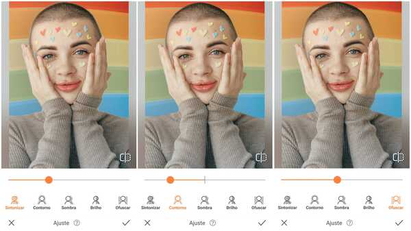 Foto de uma garota de cabeça raspada e com adesivos de corações colados no rosto sendo editada no app AirBrush