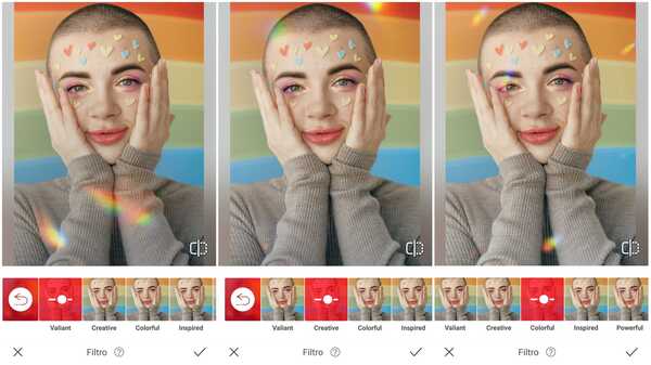 Foto de uma garota de cabeça raspada e com adesivos de corações colados no rosto sendo editada no app AirBrush