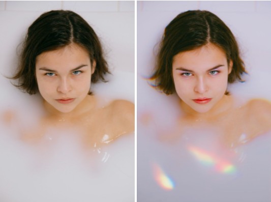 mujer joven de cabello corto en una bañera con espuma