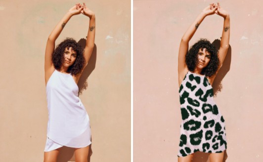 fotos del antes y después de mujer usando vestido blanco corto y vestido de animal print