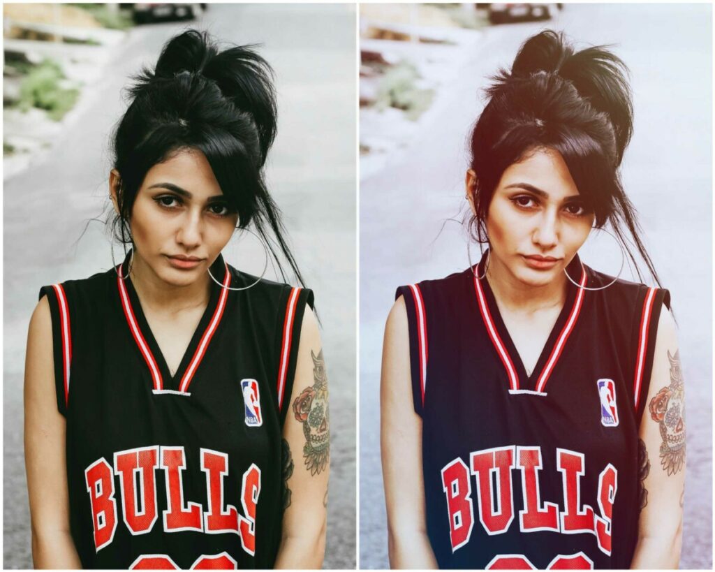 Montagem de duas fotos com a mesma mulher usando uma regata do time Bulls, de basquete.  Foto 1 sem edição e na foto 2 com o filtro Sunset do AirBrush