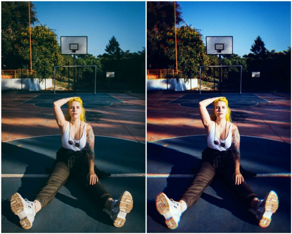 Montagem de duas fotos com a mesma mulher sentada em uma quadra de basquete com a mão no cabelo. Foto 1 antes das edições e foto 2 com o resultado 