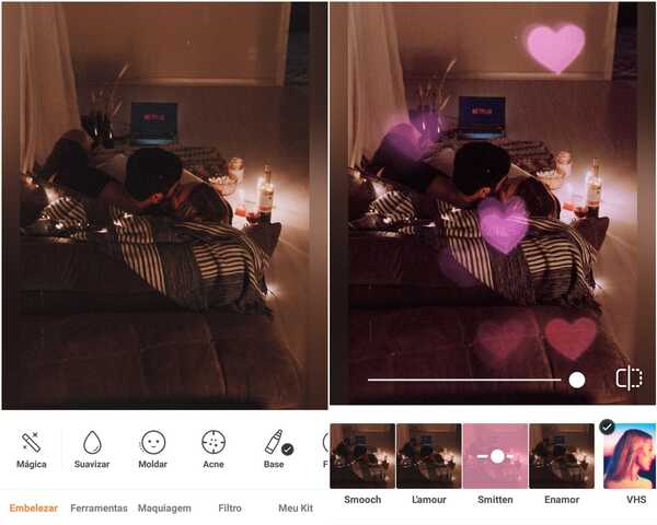 Imagem de uma foto de um casal deitado com luzes baixas sendo editado no app AirBrush