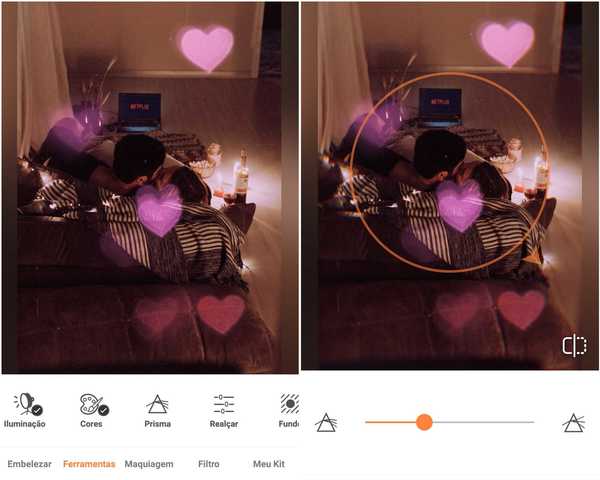 Imagem de uma foto de um casal deitado com luzes baixas sendo editado no app AirBrush