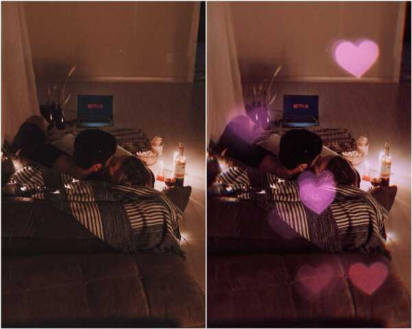 Resultado da edição com a foto original colocada ao lado da foto editada com efeitos de corações cor-de-rosa