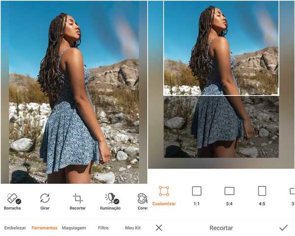 Foto de uma mulher negra usando um vestido florido azul sendo editada no app AirBrush