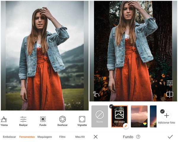 Foto de uma garota de vestido vermelho e jaqueta jeans sendo editada no app AirBrush
