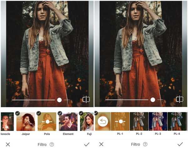 Foto de uma garota de vestido vermelho e jaqueta jeans sendo editada no app AirBrush